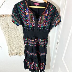 Mexican Dress Black Maxi Dress Bohemian Beach Boho Multicolor Embroidered Large